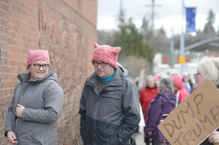 People rallied together wearing pink pussyhats during a protest of the Trump Administration on Jan. 20. Pink pussyhats have been criticized by intersectional feminists for not being inclusive of women of color and trans women.