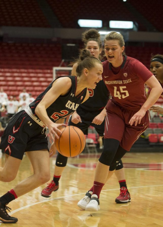 Borislava Hristova tries to keep a Utah player from driving to the basket on Jan. 7 at Beasley Coliseum.