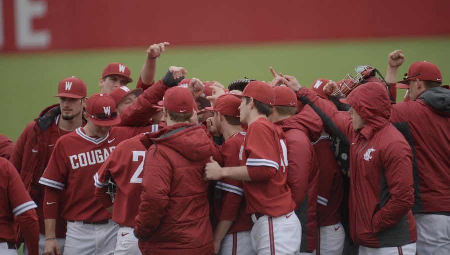 The+WSU+baseball+team+celebrating+victory+in+the+first+game+of+a+double+header+on+March+11%2C+2017+at+Bailey-Brayton+field.