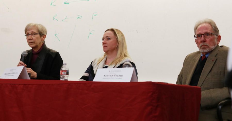 Professors Patricia Hunt, left, Kristen Intemann, center, and Steven Steher answer questions from the audience after their Foley Talk Tuesday night in the CUE.