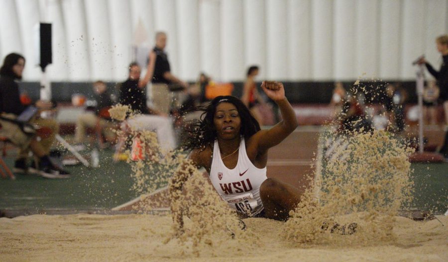 WSU freshman Oyinlola Akinlosotu competes at the Cougar Indoor on Feb. 3 at the Indoor Practice Facility.