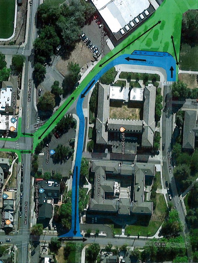 Blue roads are where traffic and buses will be rerouted this summer when 
WSU and Pullman turn the green-highlighted area into a pedestrian-only zone.