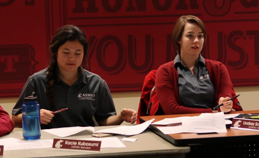 Kacie Kubosumi, left, and Lindsay Schilperoort at an ASWSU senate meeting Nov. 29 at the CUB.