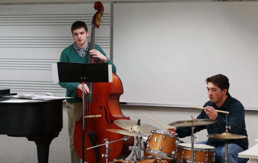 Joe Ballestrasse, left, a sophomore music education major, and Anthony Channita, a junior music education major, perform Cherokee during rehearsal for their band The Jazz Wires.