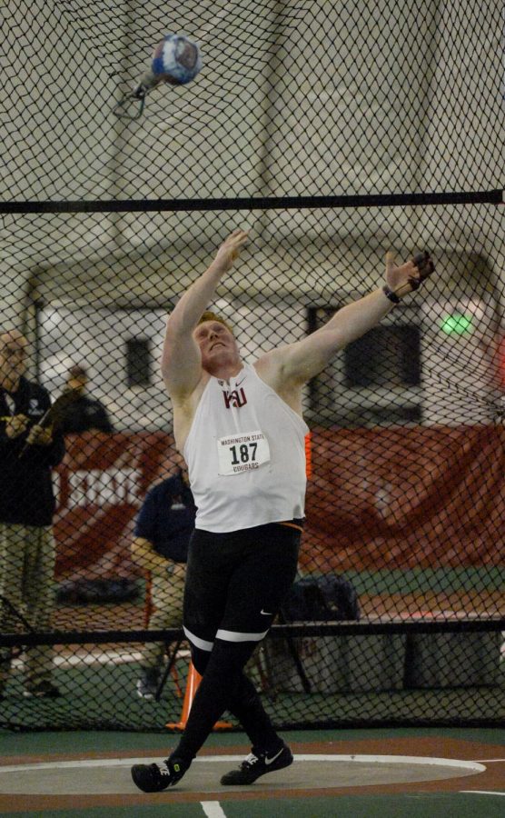Weight and hammer thrower Brock Eager competes Feb. 3 at the WSU Indoor Open in the Indoor Practice Facility.