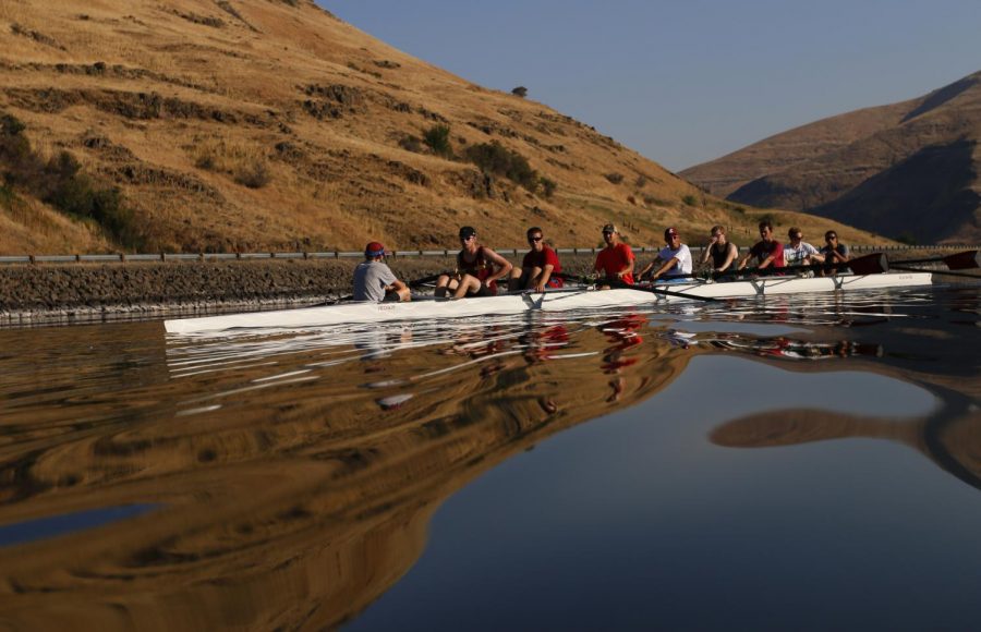WSU men’s crew varsity members practice with novice rowers to assist in their learning process in September on the Snake River.