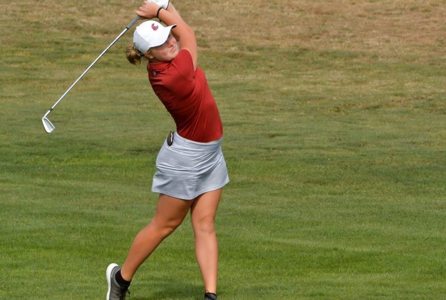 Sophomore Marie Lund-Hansen follows through with her swing during the Ping/ASU Invitational in Tempe, Arizona.