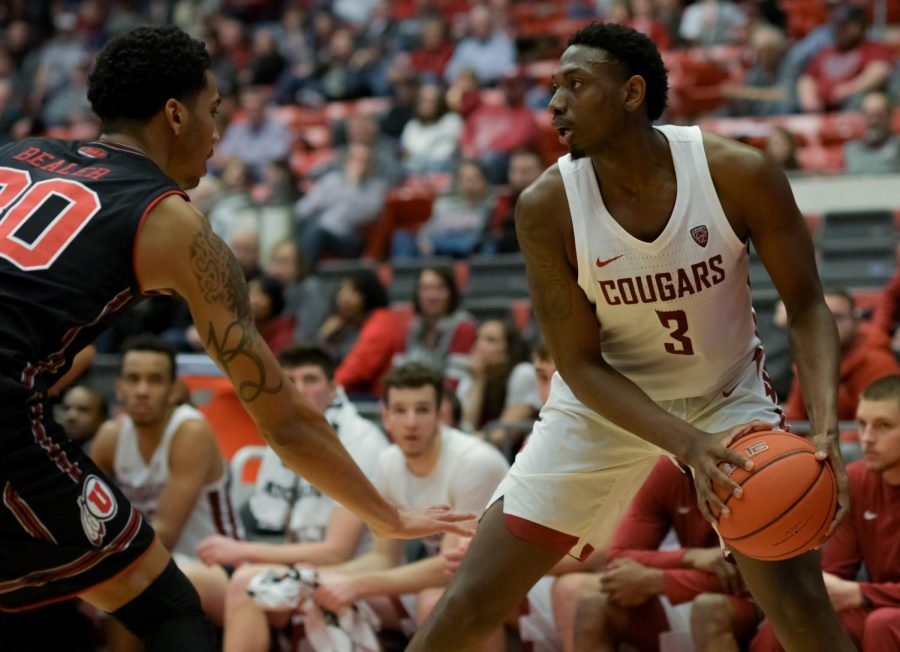 Then-junior+forward+Robert+Franks+Jr.+looks+for+an+open+pass+during+the+game+against+Utah+on+Feb.+17+at+Beasley+Coliseum.+Franks+and+freshman+forward+CJ+Elleby+combined+for+35+of+WSU%E2%80%99s+63+points+against+New+Mexico+State+on+Saturday.