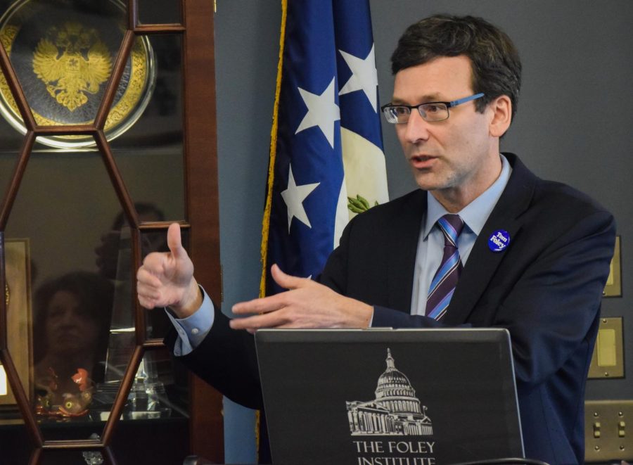 Washington Attorney General Bob Ferguson speaks at the Foley Institute on Tuesday. He said President Donald Trump’s immigration policy proposals are illegal.