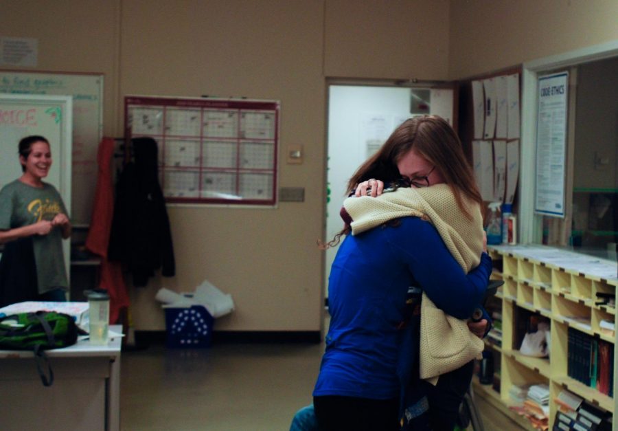 Then-Outreach Coordinator Gabriella Ramos, left, and then Editor-in-Chief Madison Jackson embrace after the Student Media fee passed on March 7.