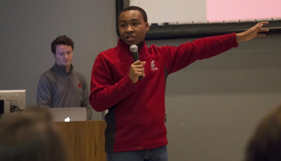 ASWSU President Jordan Frost talks about his administration’s achievements, including raising sexual assault awareness and increasing transparency during the State of the Association speech Thursday.