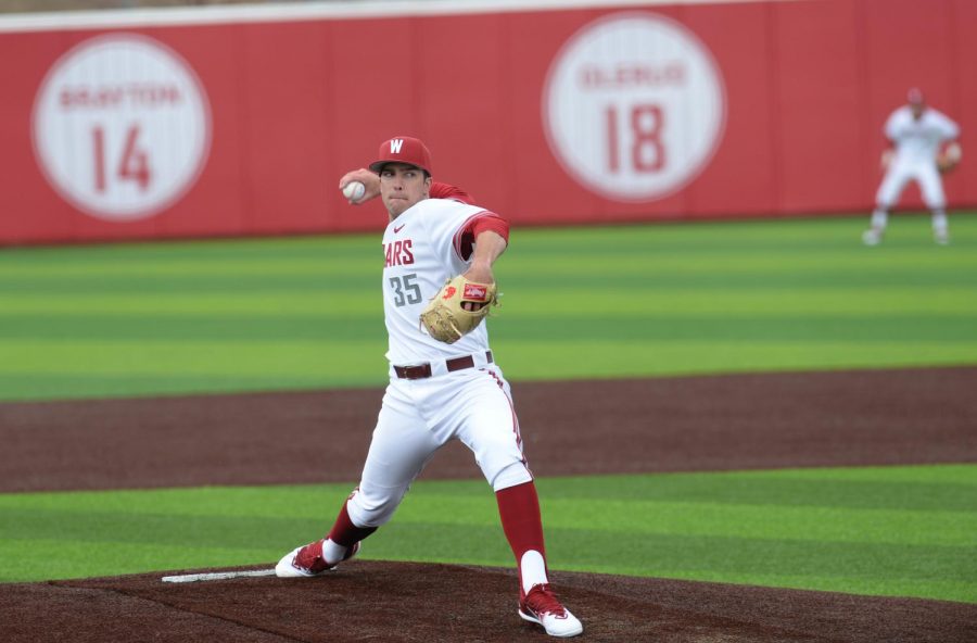 WSU+redshirt+senior+right-handed+pitcher+Collin+Maier+pitches+to+a+Saint+Mary%E2%80%99s+batter+Thursday+at+Bailey-Brayton+Field.+%0AMaier+pitched+two+and+a+third+innings+and+allowed+three+earned+runs+in+the+game.