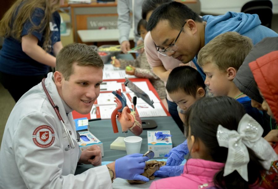 WSU medical student Brent Conrad explains to a group of children how the human heart works at Kids’ Science and Engineering Day.