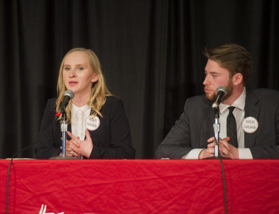 President-elect Savannah Rogers, left, and Vice President-elect Tyler Parchem answer questions during the ASWSU presidential debate on March 3.