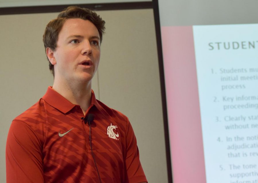 ASWSU Vice President Garrett Kalt talks about some of the suggested changes to the student conduct policies during the student conduct meeting held on Feb. 14.