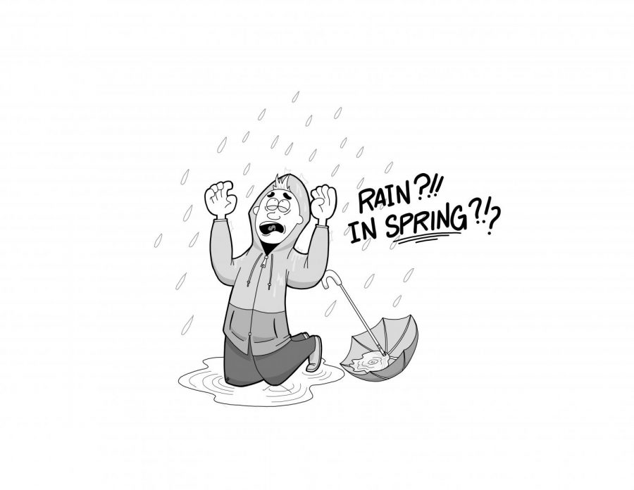 Students surprised by rain in spring