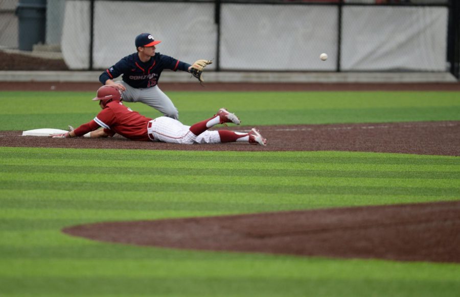 Junior infielder Andres Alvarez dives into third base during a game against Gonzaga on Tuesday at Bailey-Brayton Field. WSU won the game 4-3.