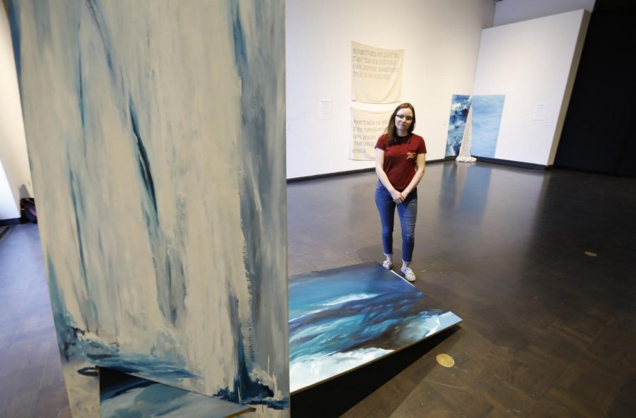 MFA student Morganne Radziewicz shows her water and text themed pieces in the Museum of Art.