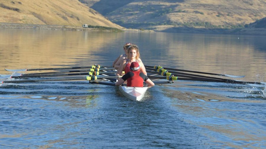WSU rowing glides its oars through the water in a race earlier this season.