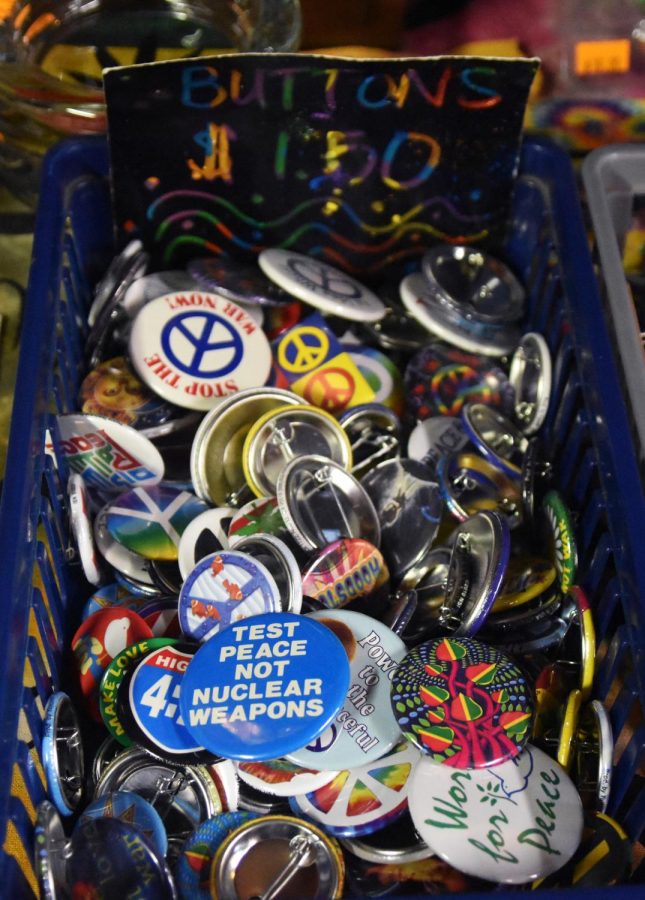 Buttons for sale in Tye Dye Everything display political messages.