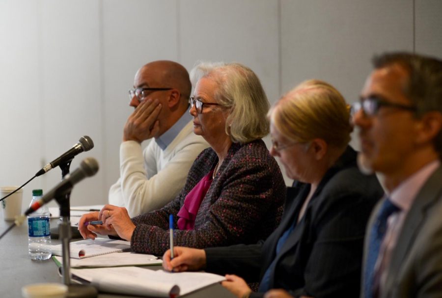 Paula Gubrud-Howe, Associate Professor in the School of Nusing at the Oregon Health Science University, center left, sits on the panel that met to discuss WSU’s accreditation.