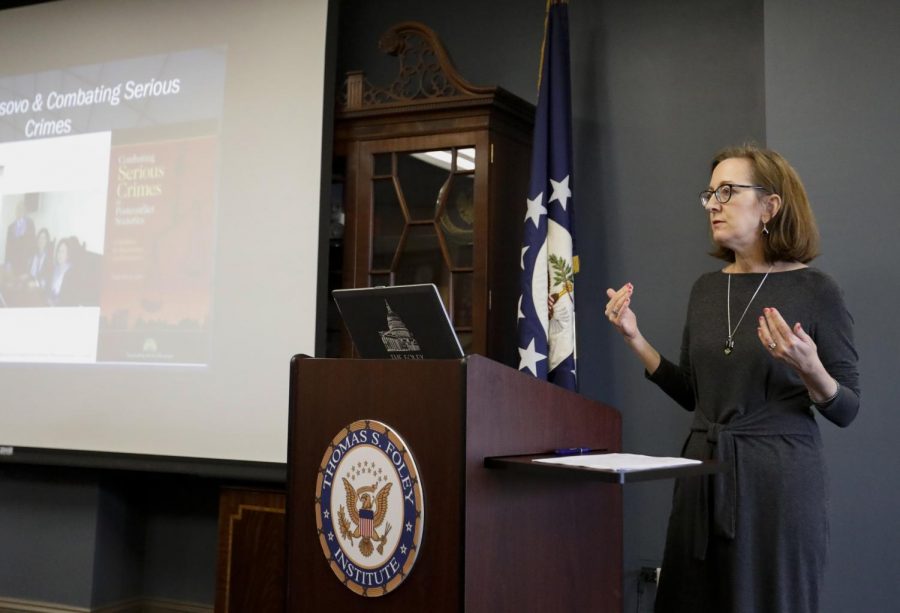 WSUs Foley Institute hosts associate vice president of Global Practice and Innovation at the US Institute of Peace, Colette Rausch to talk about rule of law and conflict around the word Tuesday afternoon in Bryan Hall.