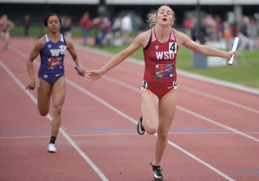 Redshirt senior hurdler/multi-event performer Alissa Brooks-Johnson wins the women’s 4x100 meter relay as the anchor for the WSU team, adding points toward the women’s win during the WSU-UW Dual on April 28 at Mooberry Field.