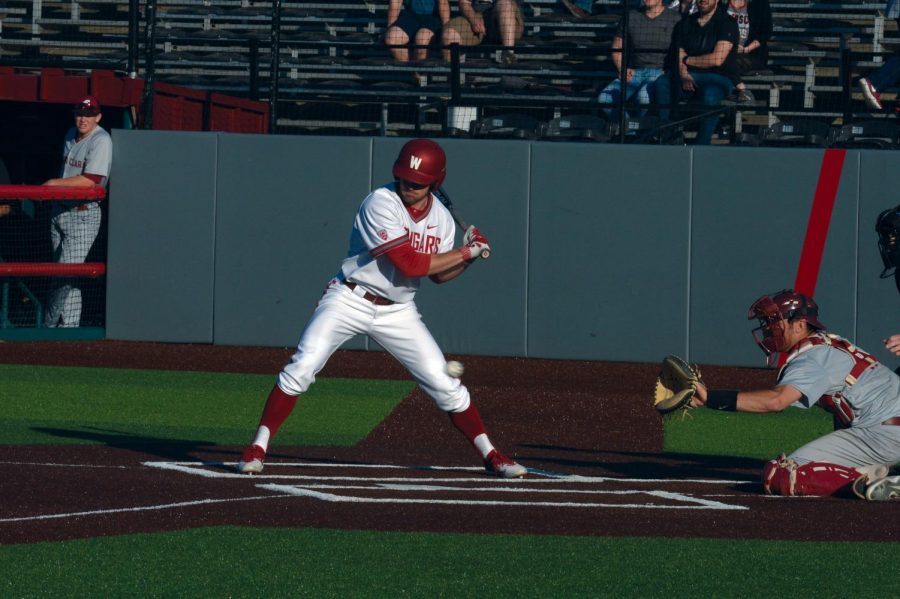 Senior outfielder Blake Clanton holds back his swing to take a ball during a game against Santa Clara on April 22 at Bailey-Brayton Field. WSU won 5-0.