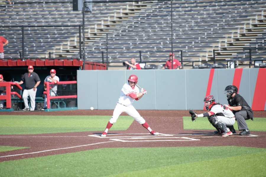 Then-senior outfielder Blake Clanton stares down the ball and takes a pitch against Utah.