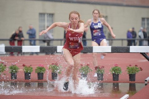 Senior distance runner Devon Bortfeld competes in the womens 3000 meter steeplechase during the WSU-UW dual on April 28 at Mooberry Track.and Field Complex. 