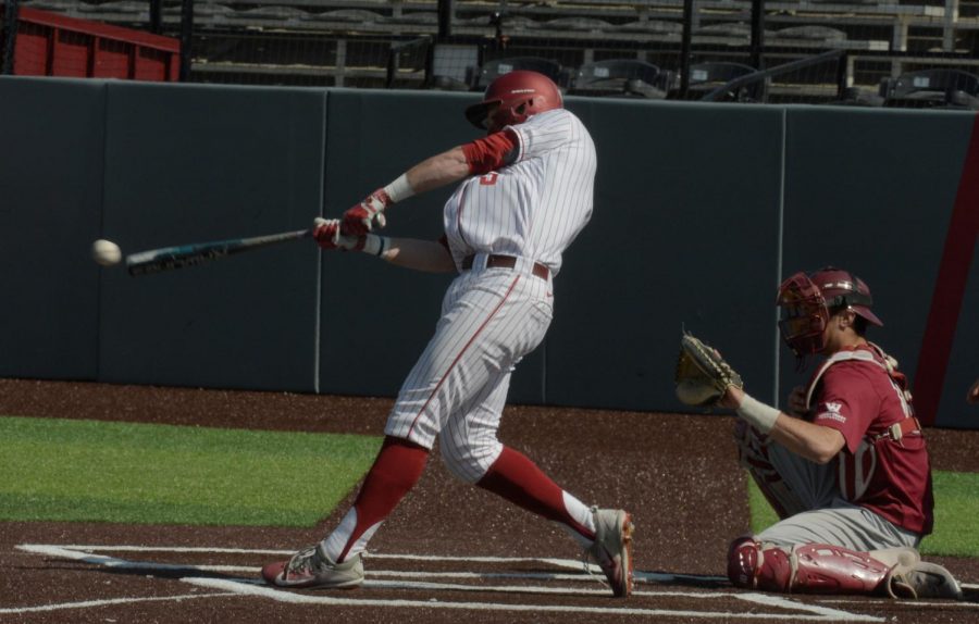 Senior outfielder JJ Hancock connects with the ball against Santa Clara University on April 22 at Bailey-Brayton Field. 