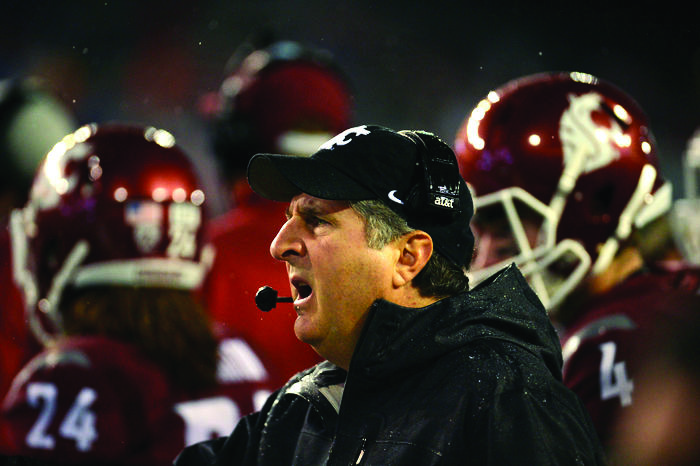 WSU Head Coach Mike Leach yells from the sideline during a game against Stanford in Martin Stadium on Oct. 31, 2017.