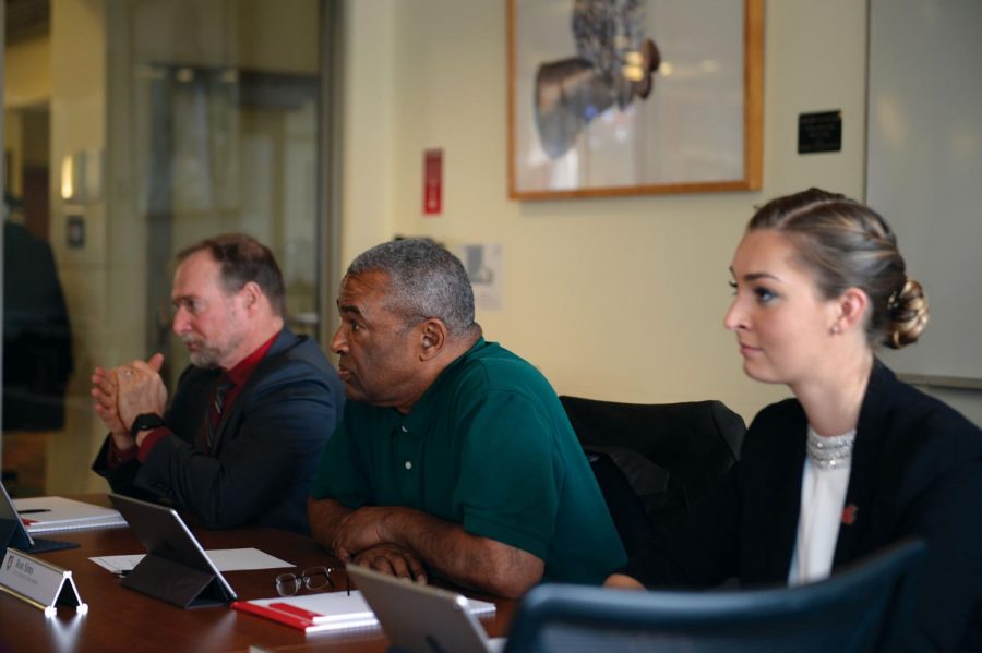 WSU Board of Regents members Brett Blankenship, left, Ron Sims and Alyssa Norris listen to a discussion during the Regents meeting on Sept. 21 on the WSU Pullman campus. They will meet in Woodinville on Thursday and Friday.