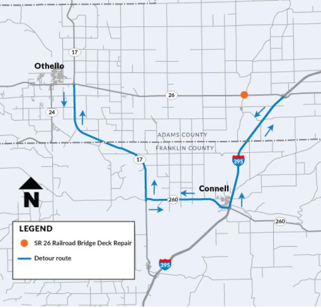 The map above shows the 32-mile detour drivers will have to take on State Route 26. Eastbound traffic at Othello will turn south on SR 17 to SR 260, then east to Connell, then north on US 395 back to SR 26.  Westbound traffic from Washtucna will follow the same route in reverse.
