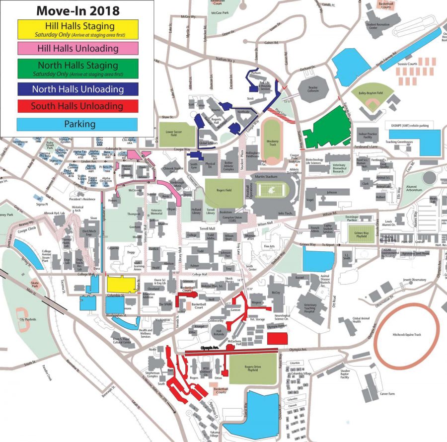 This map shows the different areas of campus that will see closures for most of Saturday as students move into residence halls. A parking lot that normally serves as a green permit area near Cleveland Hall, which is marked in yellow on this map, will be used as a staging area for those moving into residence halls on the Hillside area of campus for the first time this year.