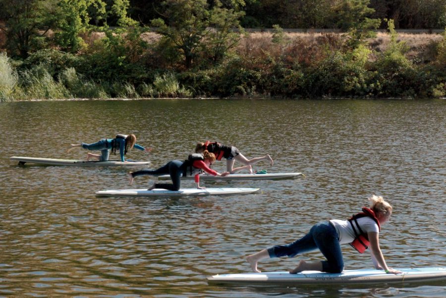 People perform yoga on paddleboards during last year’s Palouse Outdoor Festival at Wawawai County Park.