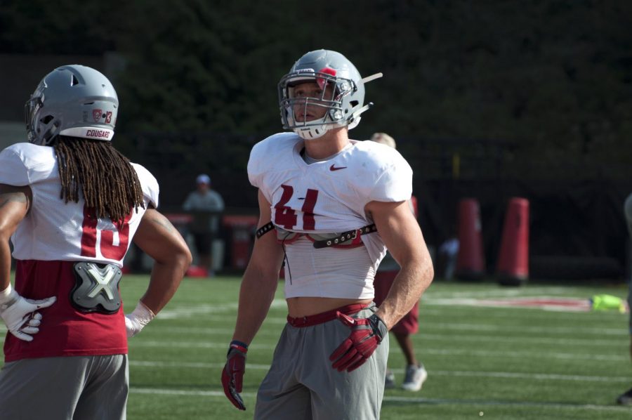 Redshirt sophomore linebacker Dillon Sherman after a drill during practice Tuesday.