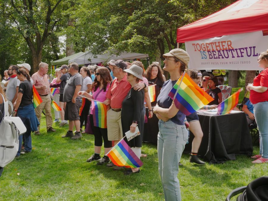 Participants at the Palouse Pride Festival celebrate their identities Saturday at Moscow’s East City Park. Many carried signs expressing their support, 2018.