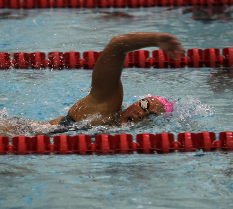 Then-senior Rachel Thompson races during the women’s 500-yard freestyle race Oct. 14 at the Gibb Pool.