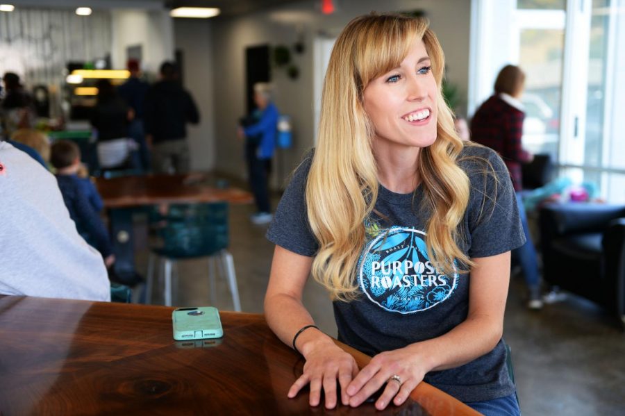 Owner Janelle Harrison talks about how she and her husband Travis Harrison began to brew coffee two years earlier in their garage which is the start to their coffee business on Saturday at Purpose Roasters in Colfax.