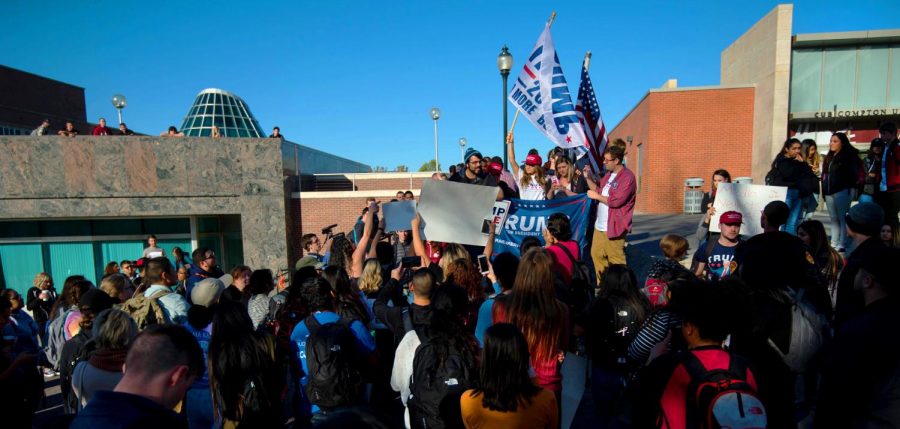 Counter-protesters surround and chant against students supporting Trump following the 2016 U.S. presidential election.
Identity politics can limit a person’s ability to compromise and engage with opposition in meaningful dialogue.