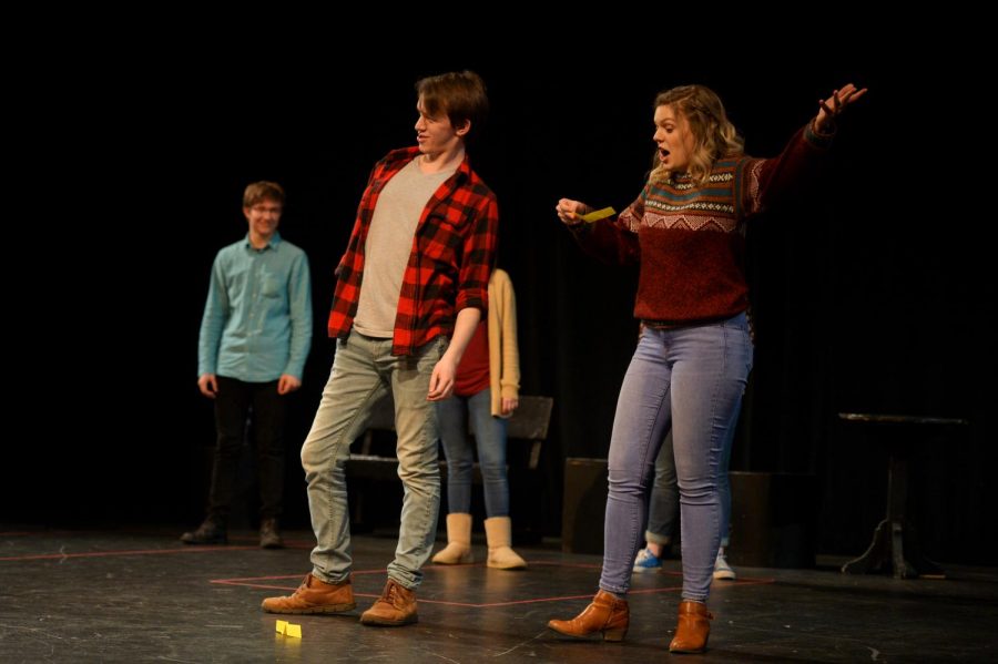 Ryan Bishop, left, and Clare Sullivan perform on stage in the Nuthouse performance Feb. 2 in Daggy Hall. Sullivan said improv is a process and comedy is the product.