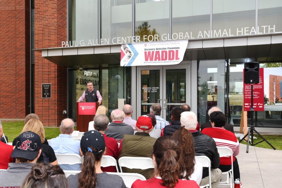 WSU President Kirk Schulz speaks to attendees at the ground breaking event Saturday at the location of the new Washington Animal Disease Diagnostic Laboratory. 