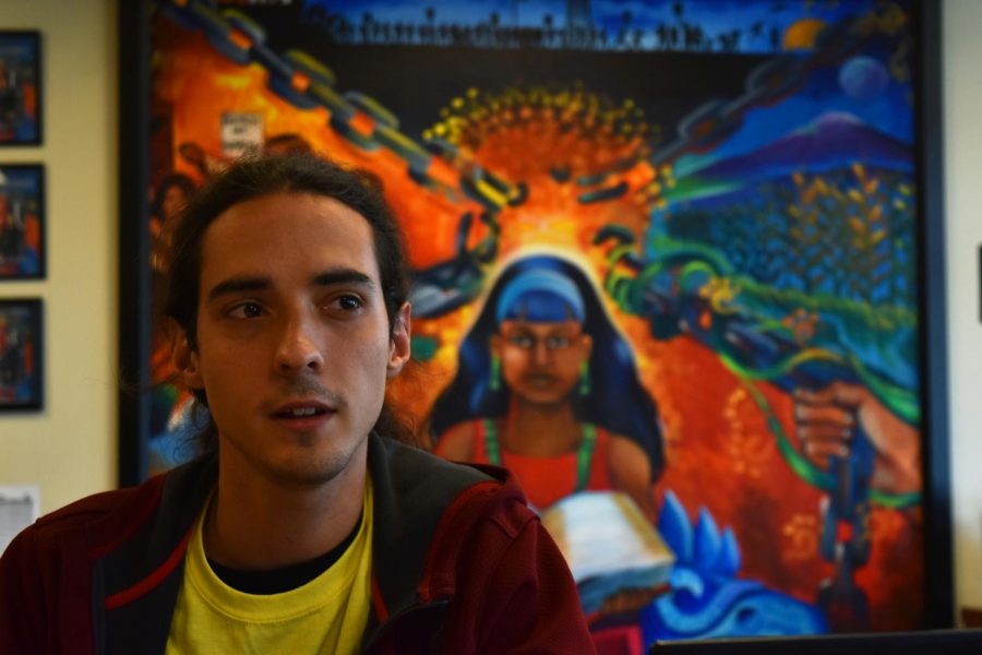 Erik Kaufman-Ortiz, a student from Puerto Rico, talks about how the center made him feel welcome and at home on campus Tuesday at the Chicanx Latinx Student Center on the fourth floor of the CUB.