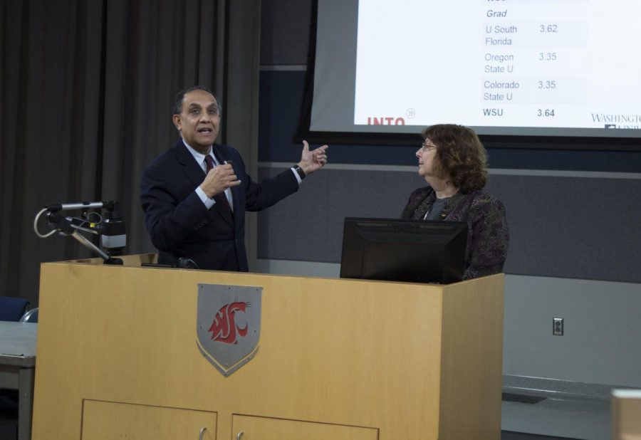Asif Chaudhry discusses the success of the INTO student program at a Faculty Senate meeting Jan. 11, 2018.