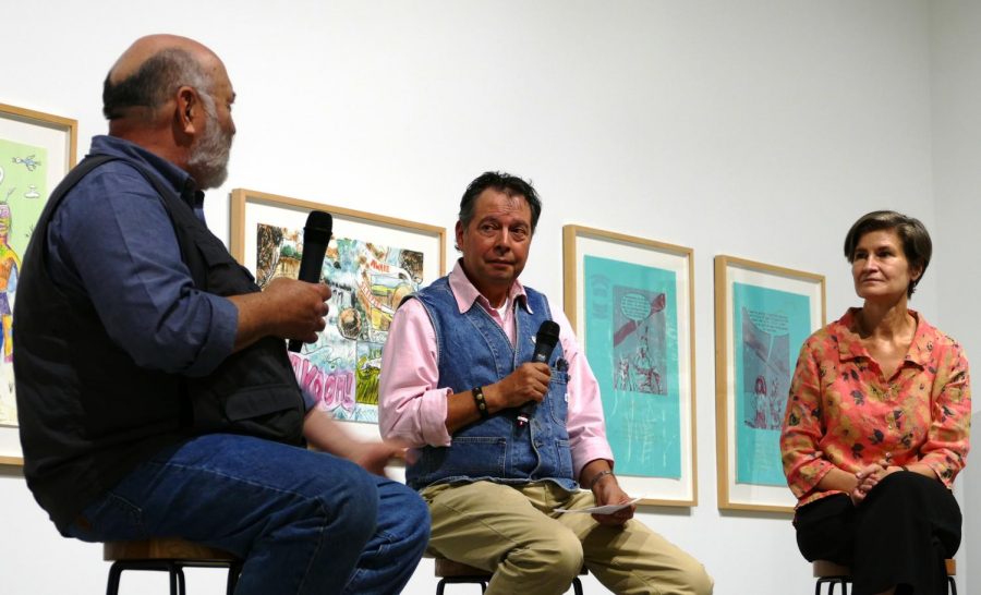 Crow’s Shadow founder James Lavadour, left, and two professors, discuss artistic backgrounds and the history of Crow’s Shadow on Thursday night in the Jordan Schnitzer Museum of Art.