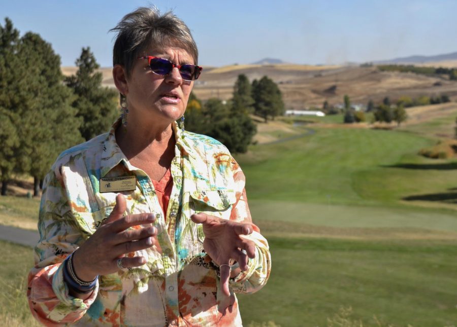 Marie Dymkoski, executive director of Pullman Chamber of Commerce, speaks about her plans for downtown Pullman Thursday at the Banyans Restaurant and Pavilion.
