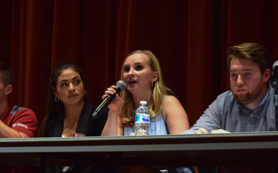ASWSU President Savannah Rogers answers questions during the ASWSU panel Thursday night in the CUB auditorium.