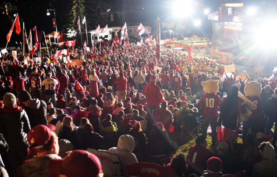 Cougar fans pile in and wait for ESPNs College GameDay to start Saturday by Martin Stadium. Pullman and WSU police reported more alcohol-related incidents than usual, but nothing overly extreme.