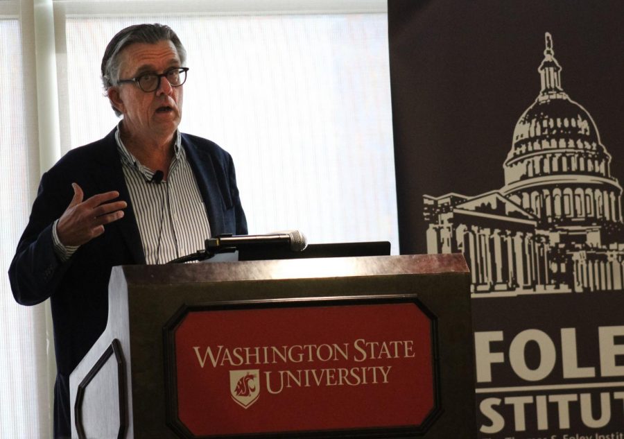 Kurt Andersen speaks about the border between opinion and fact in the age of fake news at the Foley Talk in the CUB Jr. Ballroom on Thursday afternoon.